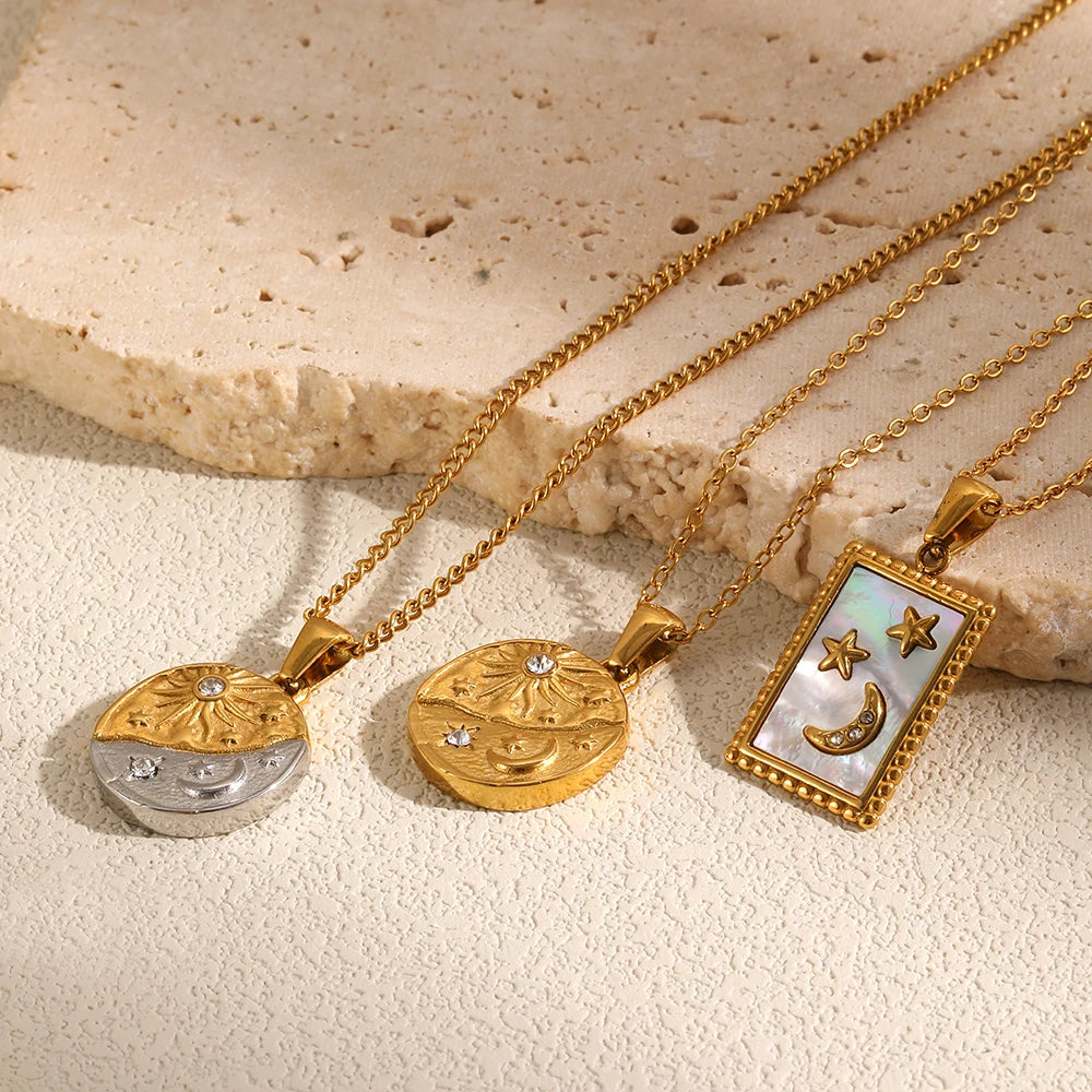 MamacitaSlay 316L Stainless Steel Zircon Celestial Sun Moon Star Pendant Necklace 18K Gold Plated Waterproof Jewelry For Women