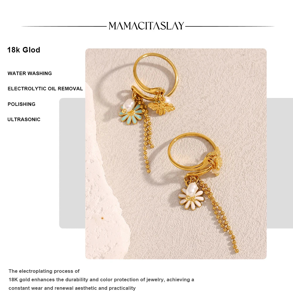 MamacitaSlay 316L Stainless Steel Pearl Flower Insect Tassel Ring Creative Waterproof Jewelry Women's Elegant Adjustable Ring