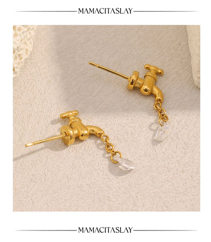 MamacitaSlay 316L Stainless Steel Unique Faucet Water Drop Zircon Earrings 18K Gold Plated Creative Waterproof Jewelry For Women