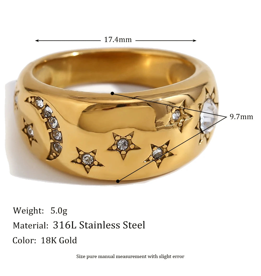 MamacitaSlay Stainless Steel 18K Gold Plated Sun Moon Stars Ring 2025 New Design Waterproof Jewelry Women's Charm Finger Jewelry