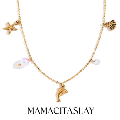 MamacitaSlay Popular Ocean Series Sea Mini Dolphin Starfish Scallop Pendant Thin Chain Necklace stainless steel women's jewelry