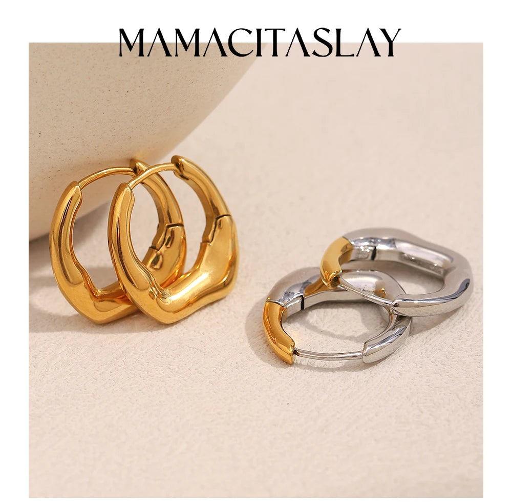 MamacitaSlay 316L Stainless Steel Double Color Irregular Hoop Earrings Party Waterproof Jewelry Women's 18K Gold Plated Earrings