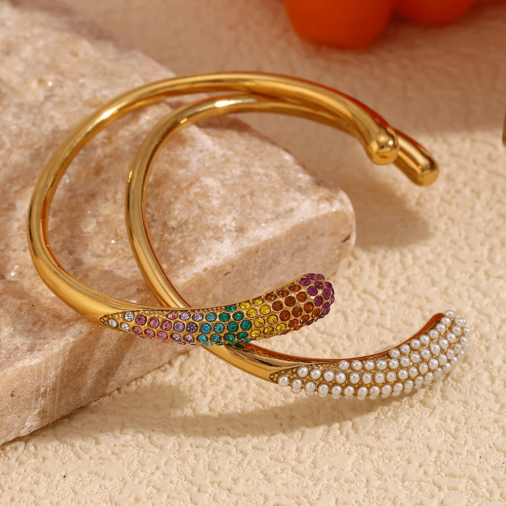 MamacitaSlay Stylish Imitation Pearl Color Water Droplets Snake Head Cuff Bracelets gold plated stainless steel jewelry women