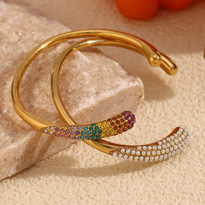 MamacitaSlay Stylish Imitation Pearl Color Water Droplets Snake Head Cuff Bracelets gold plated stainless steel jewelry women