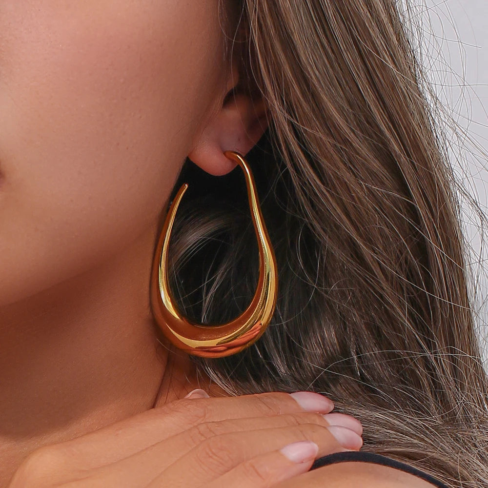MamacitaSlay Unique Exaggerated 18K Gold Plated Stainless Steel Pear Shape Hollow Hoop Earrings Party Women's Waterproof Jewelry