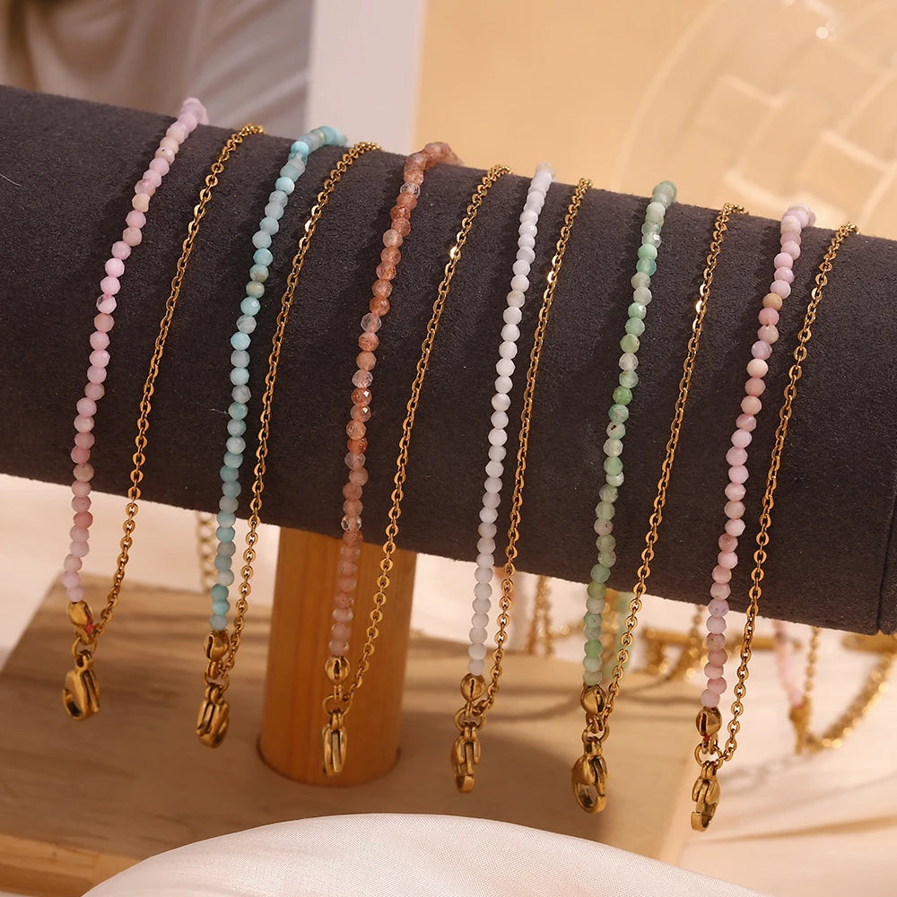 Mamacitaslay 316L Stainless Steel Natural Stone Beaded Thin Chain Bracelet Anklet Waterproof Everyday Jewelry For Women Gift