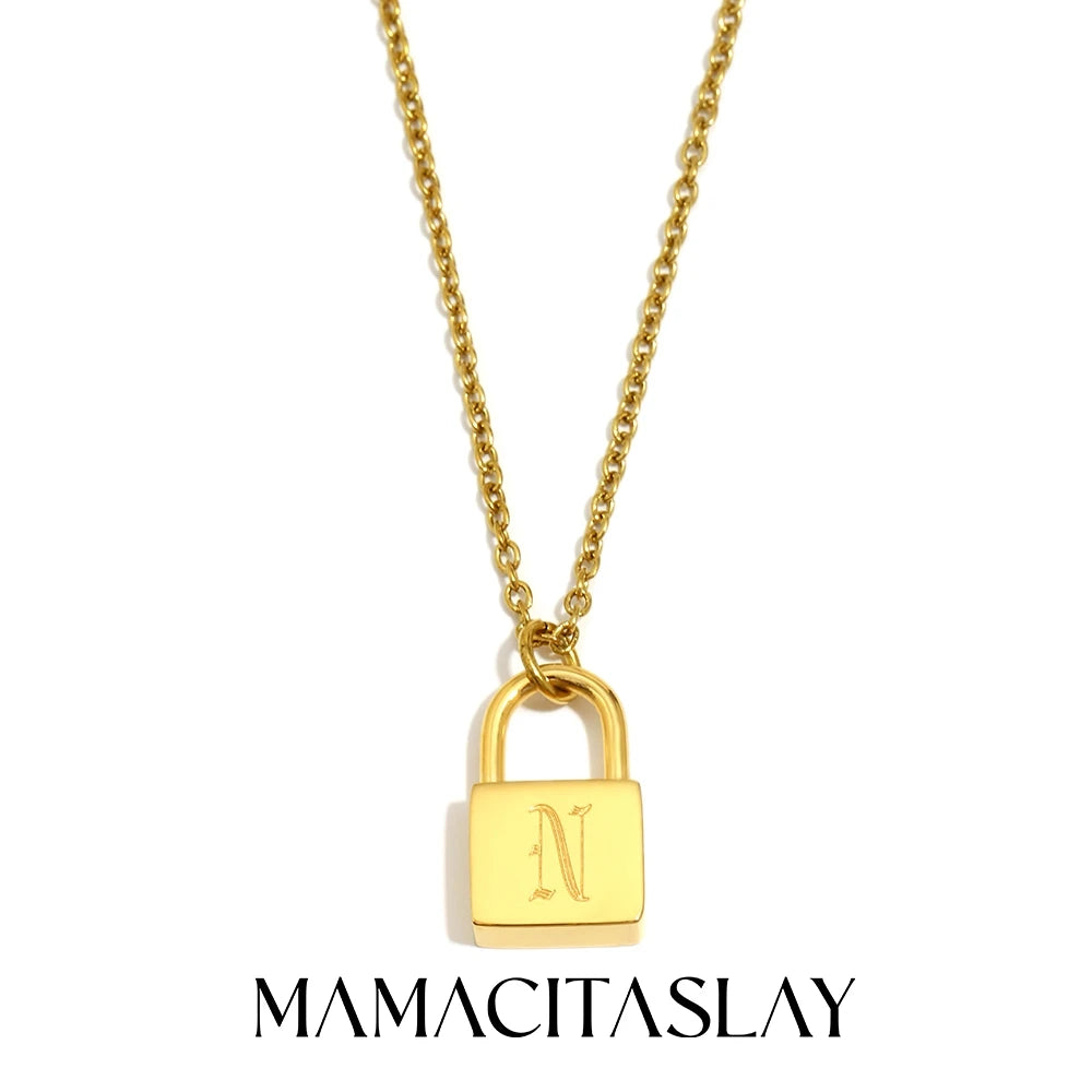 MamacitaSlay 316L Stainless Steel Ancient Letters Engaged Lock Pendant Necklace 18K Gold Plated Waterproof Neck Jewelry Gift