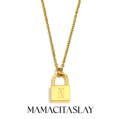 MamacitaSlay 316L Stainless Steel Ancient Letters Engaged Lock Pendant Necklace 18K Gold Plated Waterproof Neck Jewelry Gift