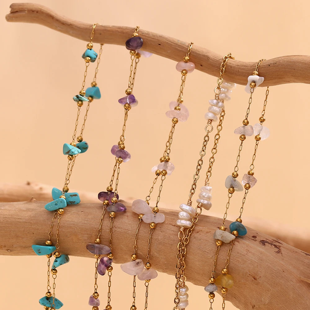 MamacitaSlay Summer Beach Waterproof Irregular Natural Stone Freshwater Pearl Anklets Stainless steel jewelry woman Gift