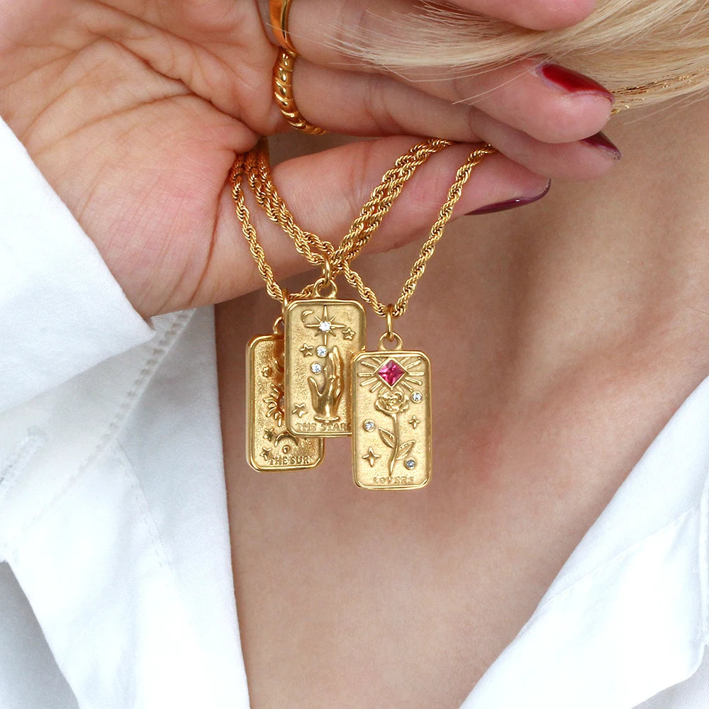 MamacitaSlay 316L Stainless Steel Tarot Card Pendant Necklace 18K Gold Plated Waterproof Neck Jewelry Women's Unique Necklace