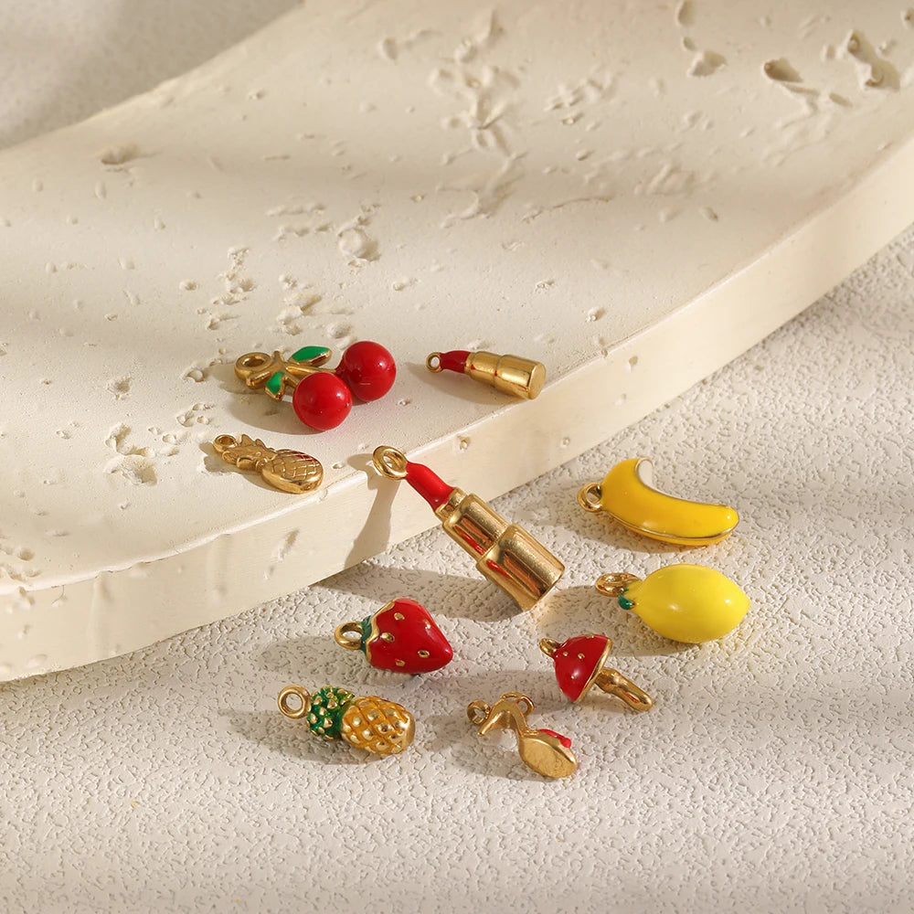 MamacitaSlay 316L Stainless Steel Fruit Enamel Charms 18K Gold Plated Waterproof Jewelry For DIY Bracelet Necklace Pendant Gifts