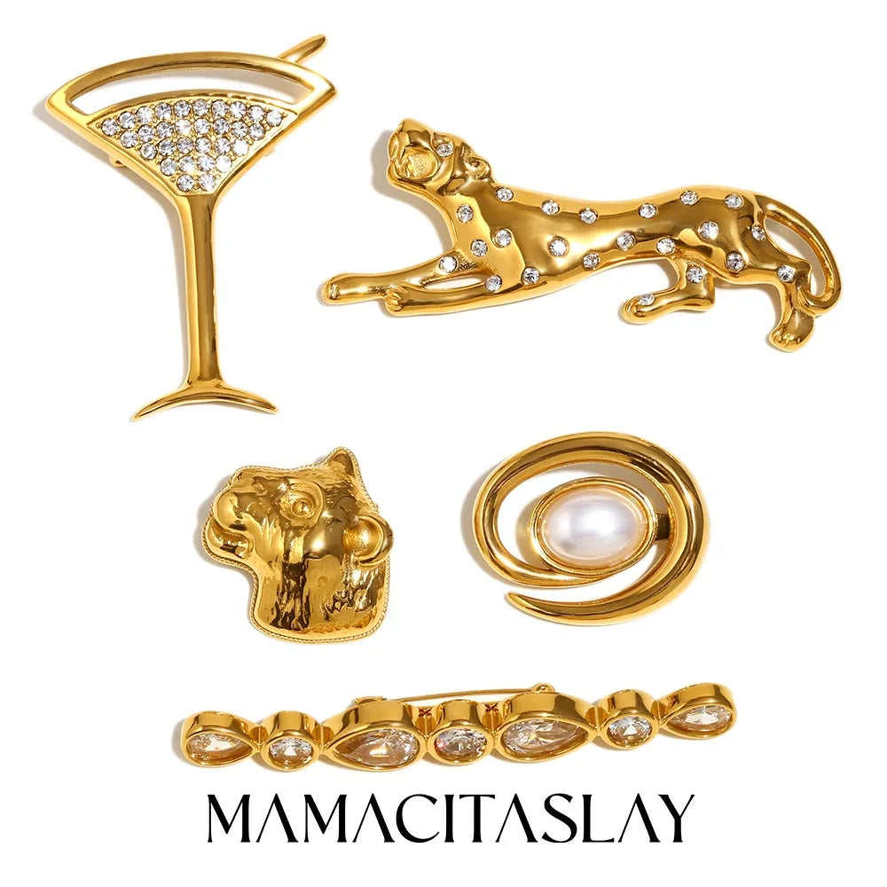 MamacitaSlay Unique 18K Gold Plated Zircon Wine Glass Leopard Brooch Banquet Waterproof Jewelry Women's High Quality Jewelry