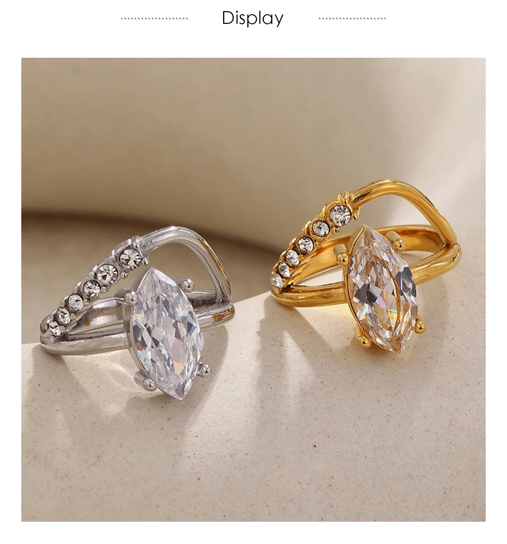 Mamacitaslay 316L Stainless Steel Pear Cut Zircon Geometric Ring 18K Gold Plated Waterproof Jewelry For Women Banquet Party Wear