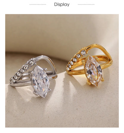Mamacitaslay 316L Stainless Steel Pear Cut Zircon Geometric Ring 18K Gold Plated Waterproof Jewelry For Women Banquet Party Wear
