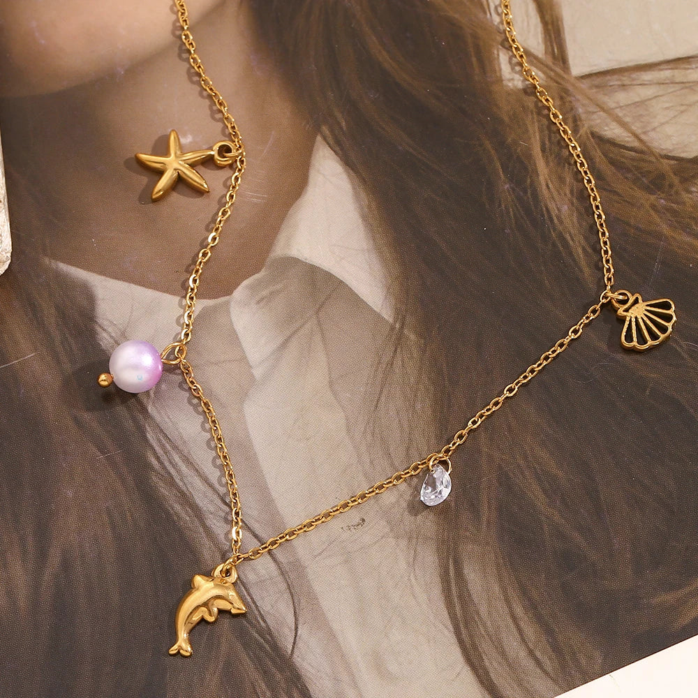 MamacitaSlay Popular Ocean Series Sea Mini Dolphin Starfish Scallop Pendant Thin Chain Necklace stainless steel women's jewelry