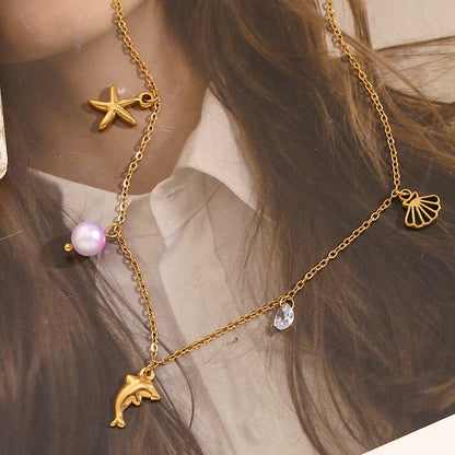 MamacitaSlay Popular Ocean Series Sea Mini Dolphin Starfish Scallop Pendant Thin Chain Necklace stainless steel women's jewelry