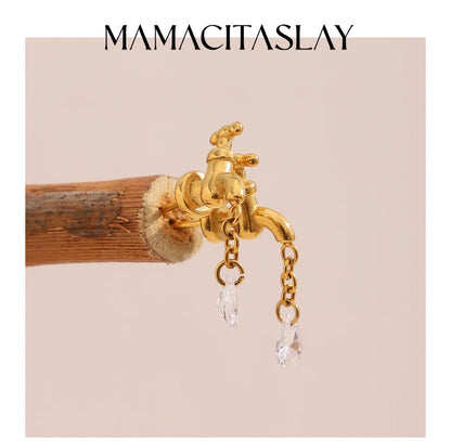MamacitaSlay 316L Stainless Steel Unique Faucet Water Drop Zircon Earrings 18K Gold Plated Creative Waterproof Jewelry For Women