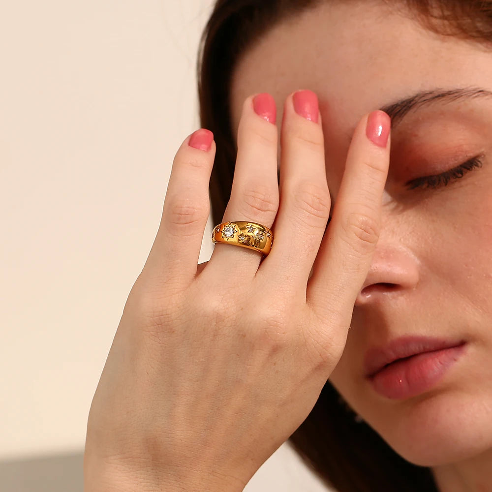 MamacitaSlay Stainless Steel 18K Gold Plated Sun Moon Stars Ring 2025 New Design Waterproof Jewelry Women's Charm Finger Jewelry