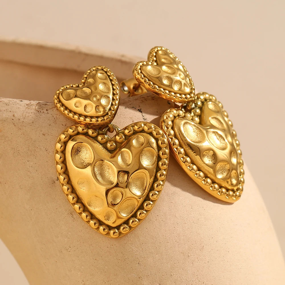 MamacitaSlay Vintage 316L Stainless Steel Hammered Double Heart Earrings 18K Gold Plated Waterproof Jewelry For Women Daily Wear