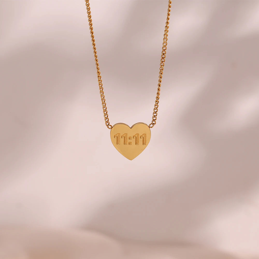 MamacitaSlay Latest Design 11:11 Heart Pendant Necklaces 18K Gold-Plated Stainless Steel Waterproof Jewelry for Women