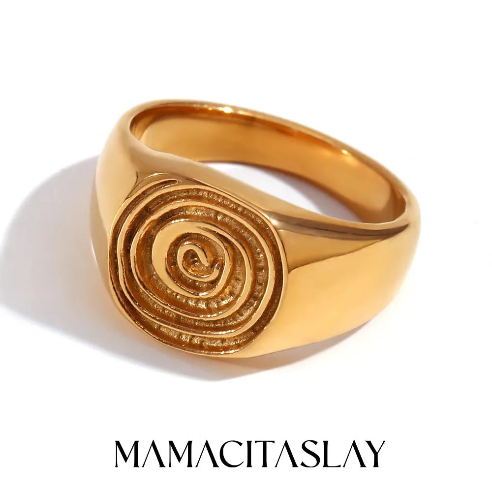 MamacitaSlay Unique Fingerprint Swirl Ripple Gold Silver Colour Rings Womens Stainless Steel Tarnish Free Jewelry Accessories