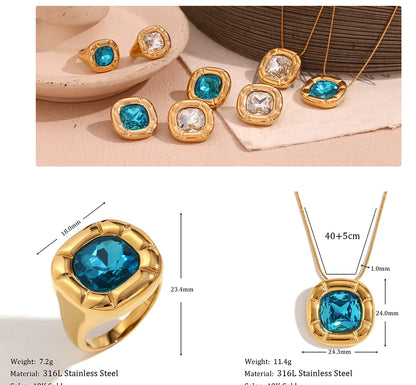 MamacitaSlay 18K Gold Plated Stainless Steel Rounded Square Zircon Necklace Earring Ring Women's Fashionable Waterproof Jewelry