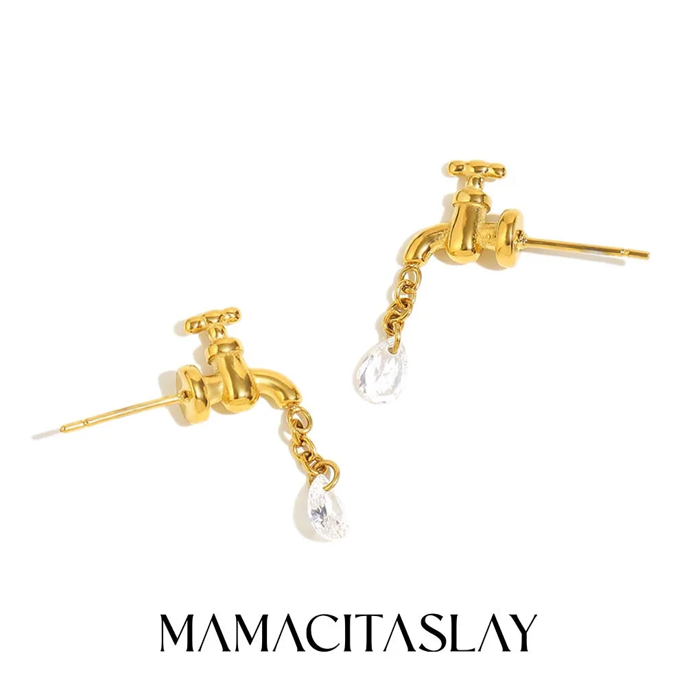 MamacitaSlay 316L Stainless Steel Unique Faucet Water Drop Zircon Earrings 18K Gold Plated Creative Waterproof Jewelry For Women