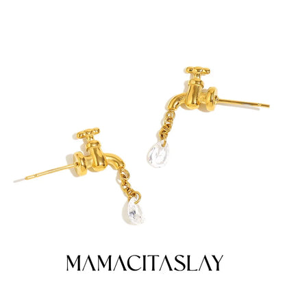 MamacitaSlay 316L Stainless Steel Unique Faucet Water Drop Zircon Earrings 18K Gold Plated Creative Waterproof Jewelry For Women