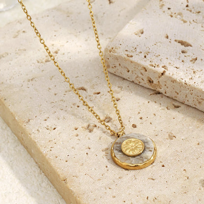 MamacitaSlay 316L Stainless Steel Marble Round Sun Necklace 18K Gold Plated Waterproof Jewelry Women's Minimalist Retro Necklace