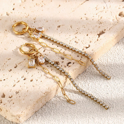 MamacitaSlay 316L Stainless Steel Mixed Chain Zircon Tassel Hoop Earrings 18K Gold Plated Waterproof Statement Jewelry For Women