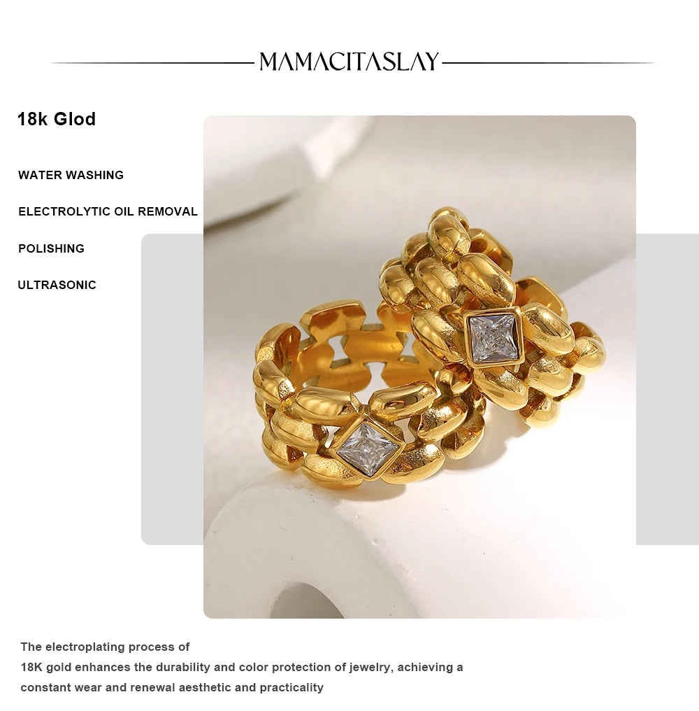 MamacitaSlay 316L Stainless Steel Zircon Hollow Out Ring 18K Gold Plated Waterproof Jewelry Women's High Quality Ring 2025 Gift