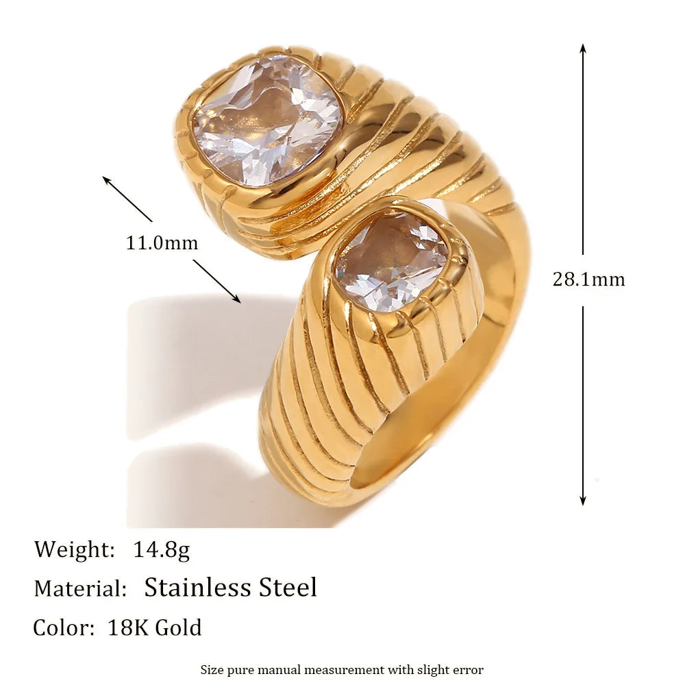 MamacitaSlay 316L Stainless Steel Double Zircon Serpentine Opening Ring Waterproof 18K Gold Plated Jewelry Women's Elegant Gift