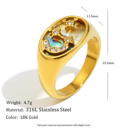 MamacitaSlay 316L Stainless Steel Abalone Shell Star Moon Colorful Ring 18K Gold Plated Waterproof Jewelry Women's Cool Ring