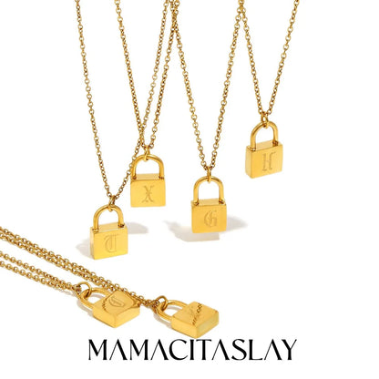 MamacitaSlay 316L Stainless Steel Ancient Letters Engaged Lock Pendant Necklace 18K Gold Plated Waterproof Neck Jewelry Gift
