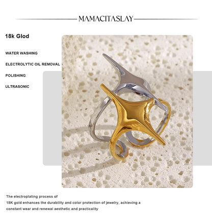 MamacitaSlay 316L Stainless Steel Mixed Color Double Star Open Ring Women's Party Waterproof 18K Gold Plated Ring Unique Ring
