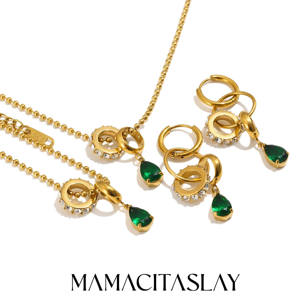 MamacitaSlay 316L Stainless Steel Interlocking Circle CZ Earring Bracelet Necklace 18K Gold Plated Waterproof Women Jewelry Set