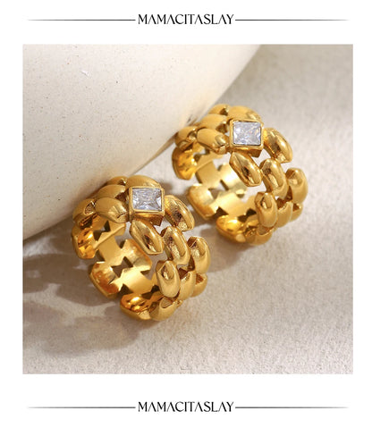 MamacitaSlay 316L Stainless Steel Zircon Hollow Out Ring 18K Gold Plated Waterproof Jewelry Women's High Quality Ring 2025 Gift