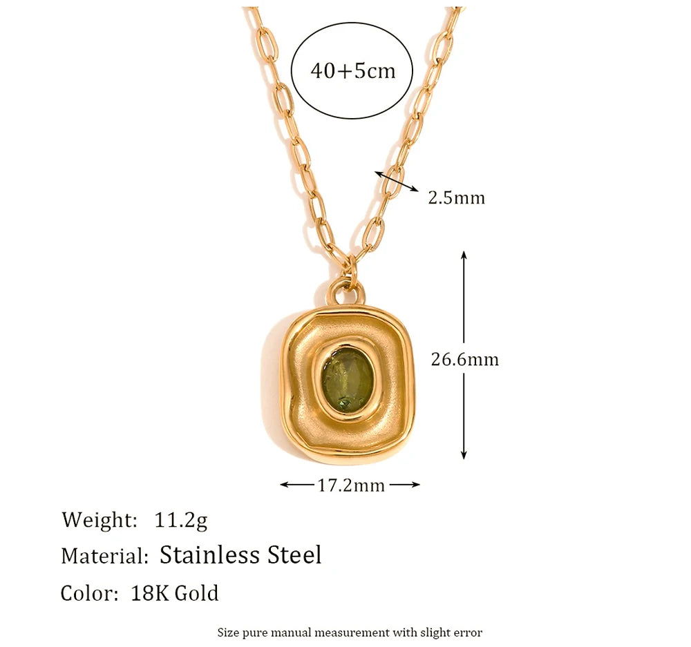 MamacitaSlay Retro Irregular Pendant Round Green Zircon Paper Clip Chain Women's Necklace Trendy Women's Stainless Steel Jewelry