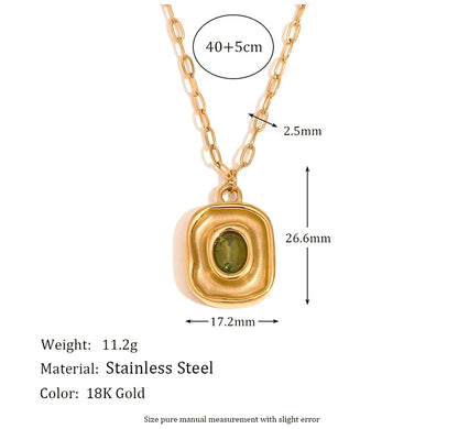 MamacitaSlay Retro Irregular Pendant Round Green Zircon Paper Clip Chain Women's Necklace Trendy Women's Stainless Steel Jewelry