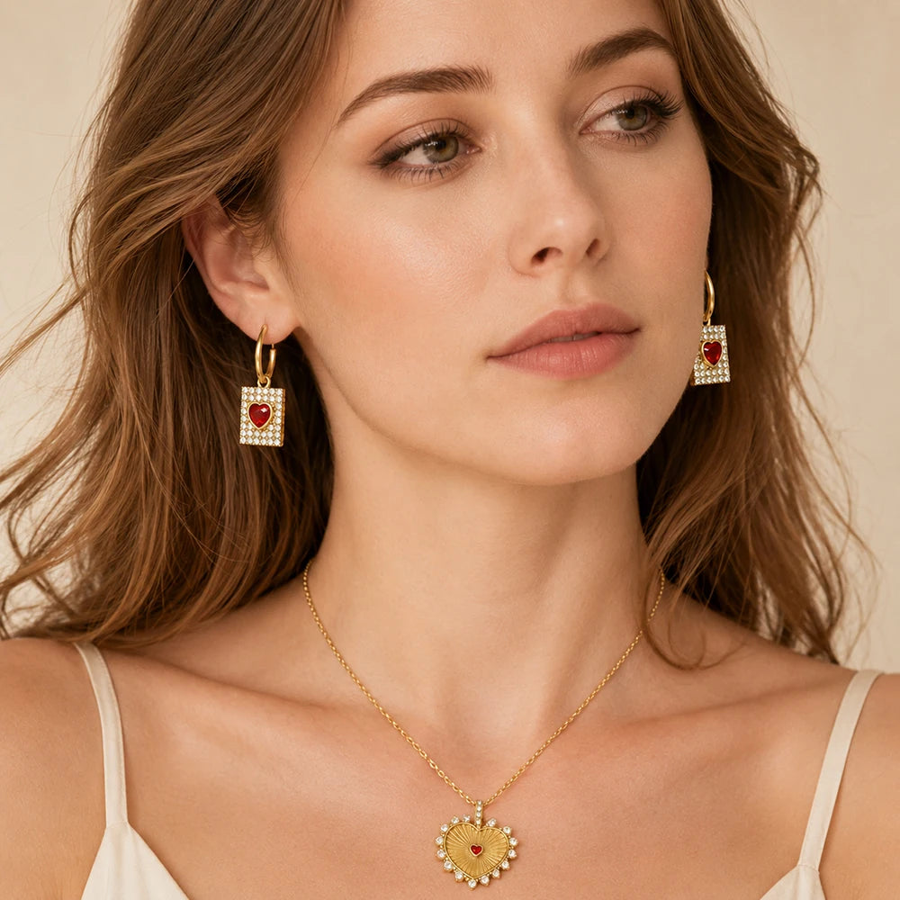 MamacitaSlay 316L Stainless Steel Heart Cross Zircon Earrings Necklace 18K Gold Plated Waterproof Jewelry Set Women's Gifts