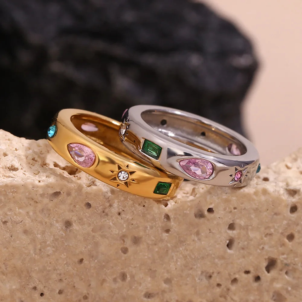 MamacitaSlay 316L Stainless Steel Multicolor Zircon Ring Waterproof 18K Gold Plated Jewelry For Women's Classic Ring Gift 2026