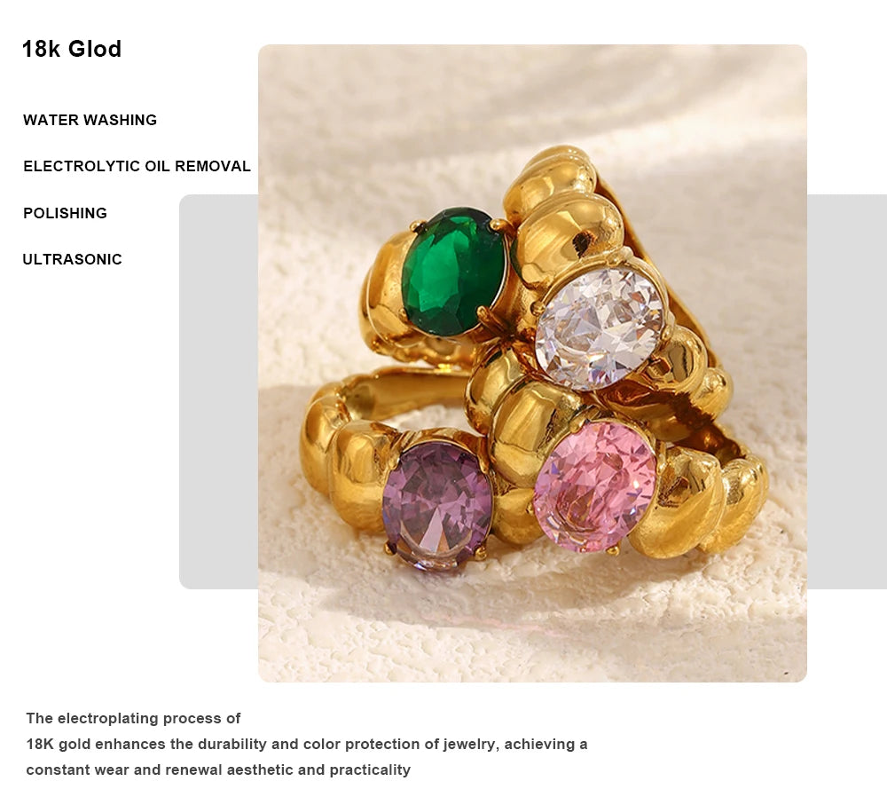 MamacitaSlay Classic 316L Stainless Steel Oval Multicolor Zircon Ring 18K Gold Plated Waterproof Jewelry For Women Everyday Wear