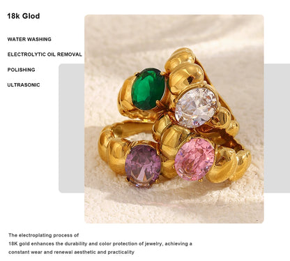 MamacitaSlay Classic 316L Stainless Steel Oval Multicolor Zircon Ring 18K Gold Plated Waterproof Jewelry For Women Everyday Wear