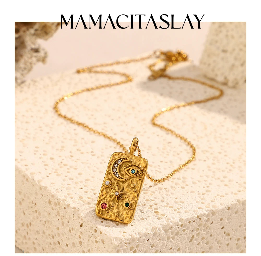 MamacitaSlay Unique 316L Stainless Steel Star Moon Evil Eye Zircon Necklace Ring 18K Gold Plated Waterproof Jewelry For Women