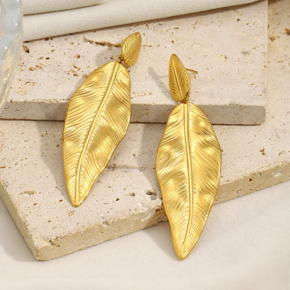 MamacitaSlay 316L Stainless Steel Double Leaf Dangle Earrings 18K Gold Plated Waterproof Jewelry For Women Statement Earrings