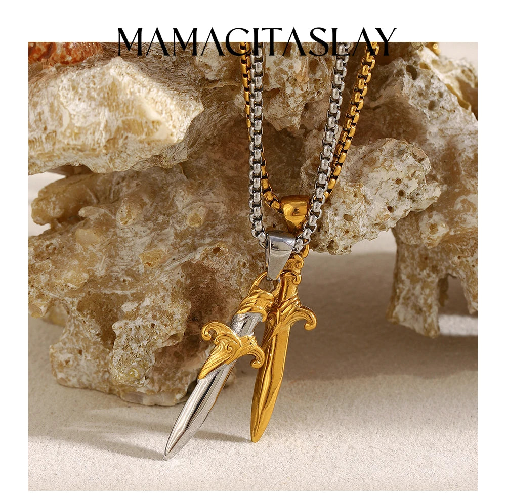 MamacitaSlay 316L Stainless Steel Mixed Color Sword Necklace 18K Gold Plated Waterproof Jewelry Hip Hop Style Unique Necklace