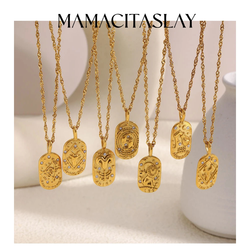 MamacitaSlay 316L Stainless Steel Zircon 12 Constellation Tarot Card Necklace 18K Gold Plated Waterproof Jewelry Women's Gifts