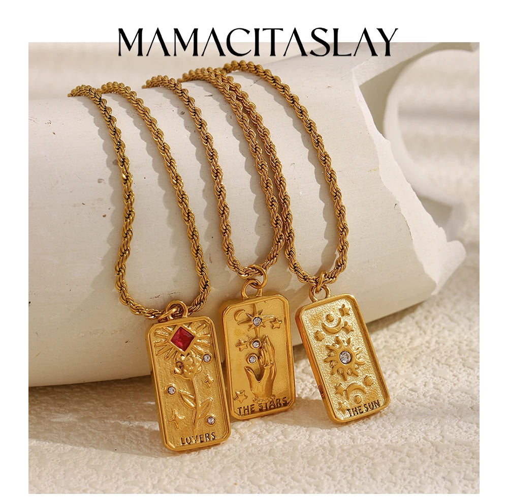 MamacitaSlay 316L Stainless Steel Tarot Card Pendant Necklace 18K Gold Plated Waterproof Neck Jewelry Women's Unique Necklace