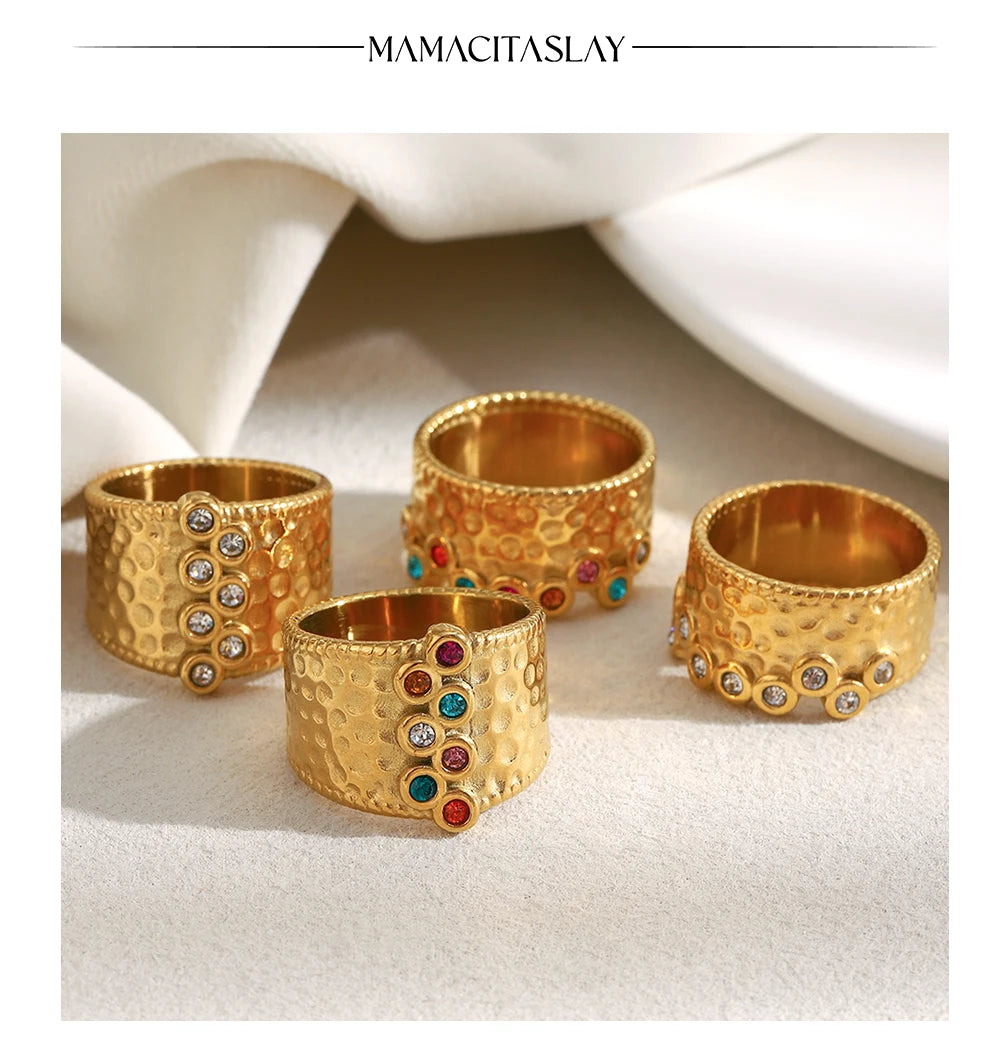 MamacitaSlay 316L Stainless Steel Multi Colored Zircon Hammer Patterned Wide Ring Party Waterproof Jewelry Women's Charm Ring
