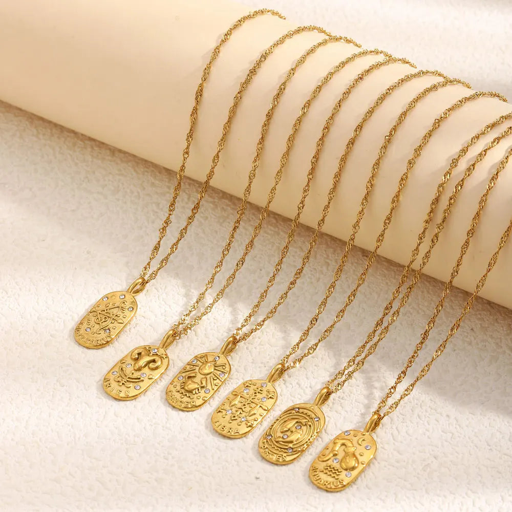 MamacitaSlay 316L Stainless Steel Zircon 12 Constellation Tarot Card Necklace 18K Gold Plated Waterproof Jewelry Women's Gifts
